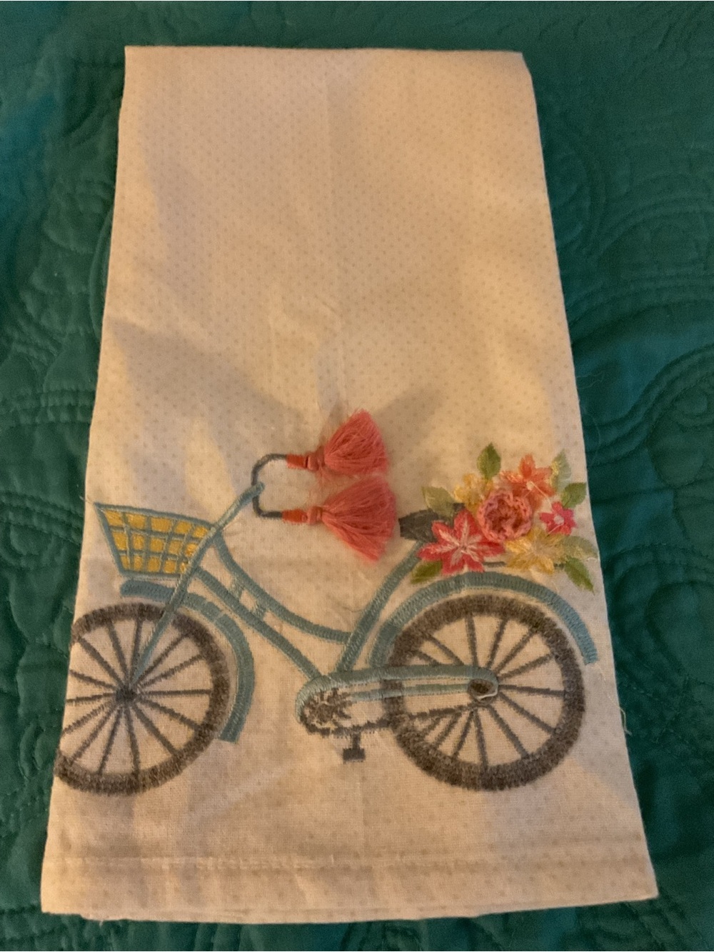 Embroidered Bicycle Cotton Kitchen Towel with Coral Tassels - White